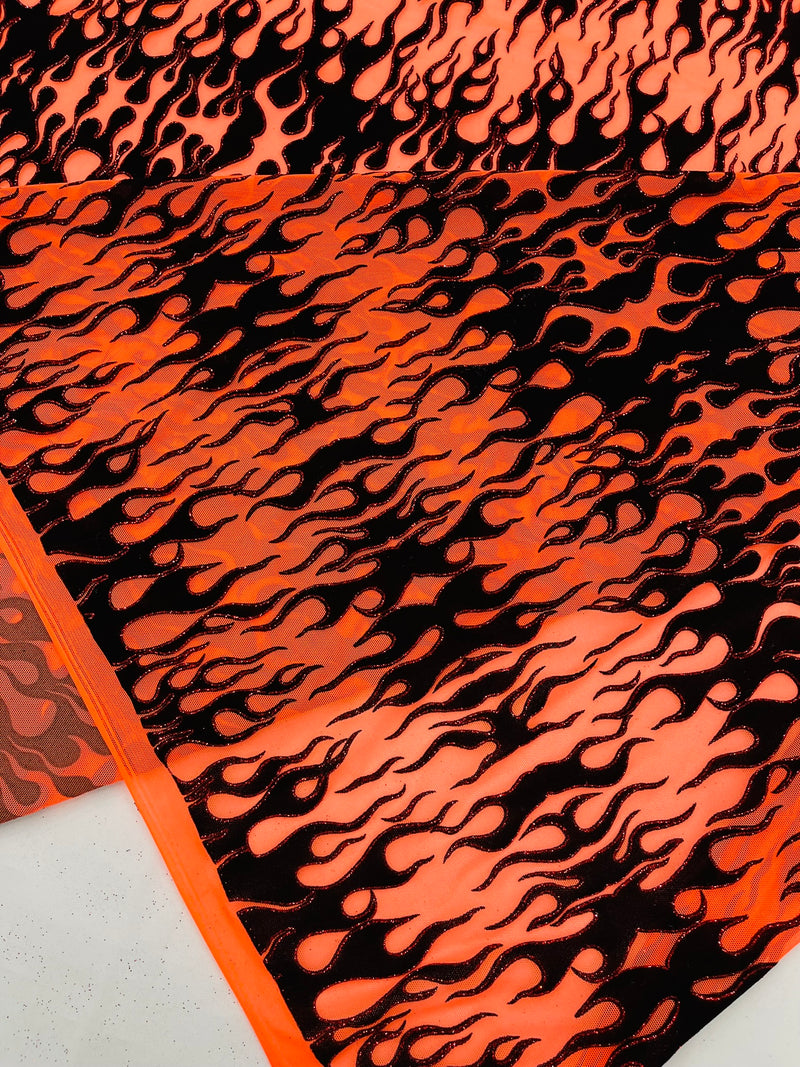 Power Mesh with Black Flocking Flames and Red Glitter Fabric-60” Wide-Hot Rod.