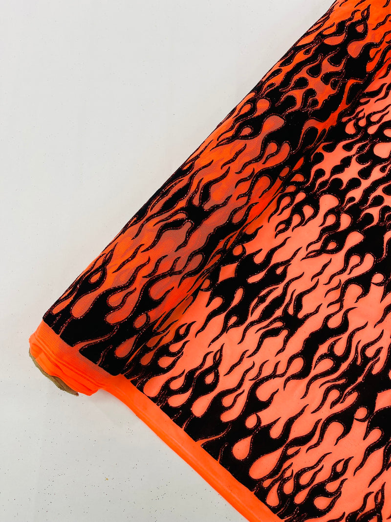 Power Mesh with Black Flocking Flames and Red Glitter Fabric-60” Wide-Hot Rod.