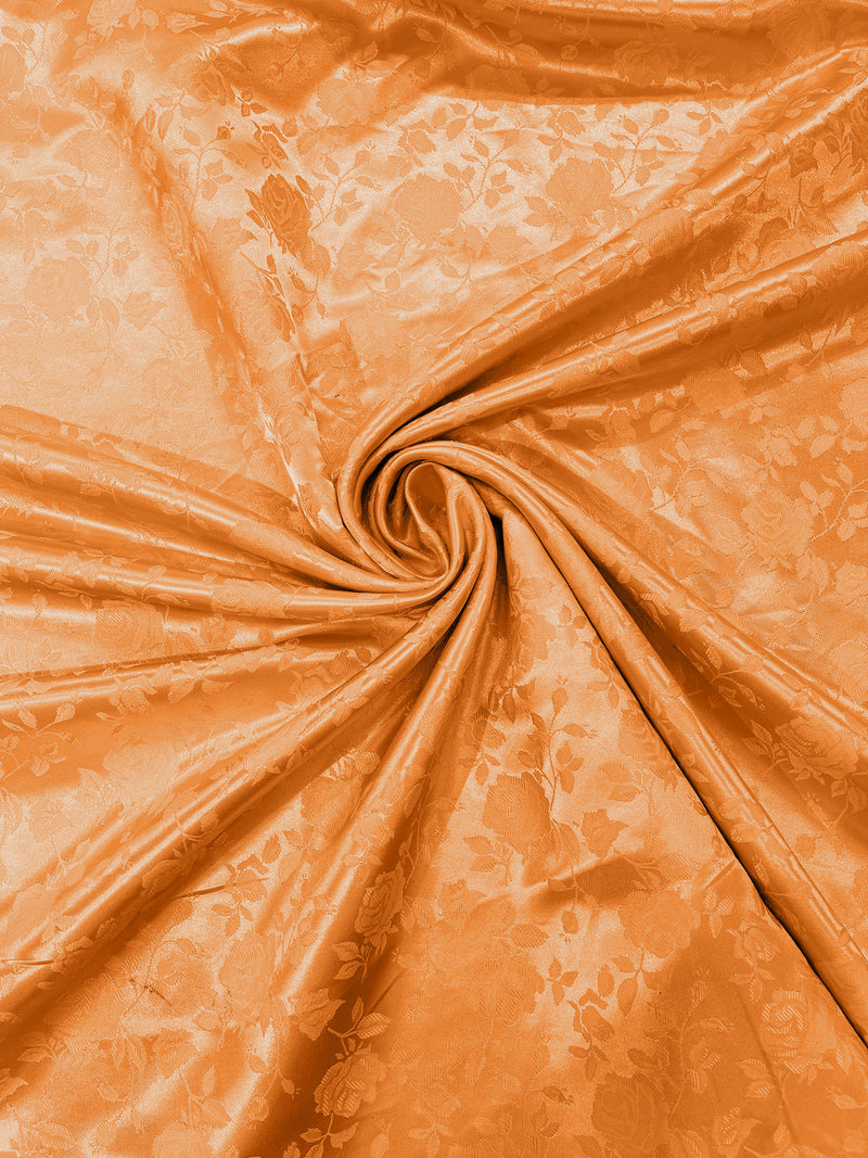 Orange - 60" Wide Polyester /Flowers Brocade Jacquard Satin Fabric/ SoldByTheYard.