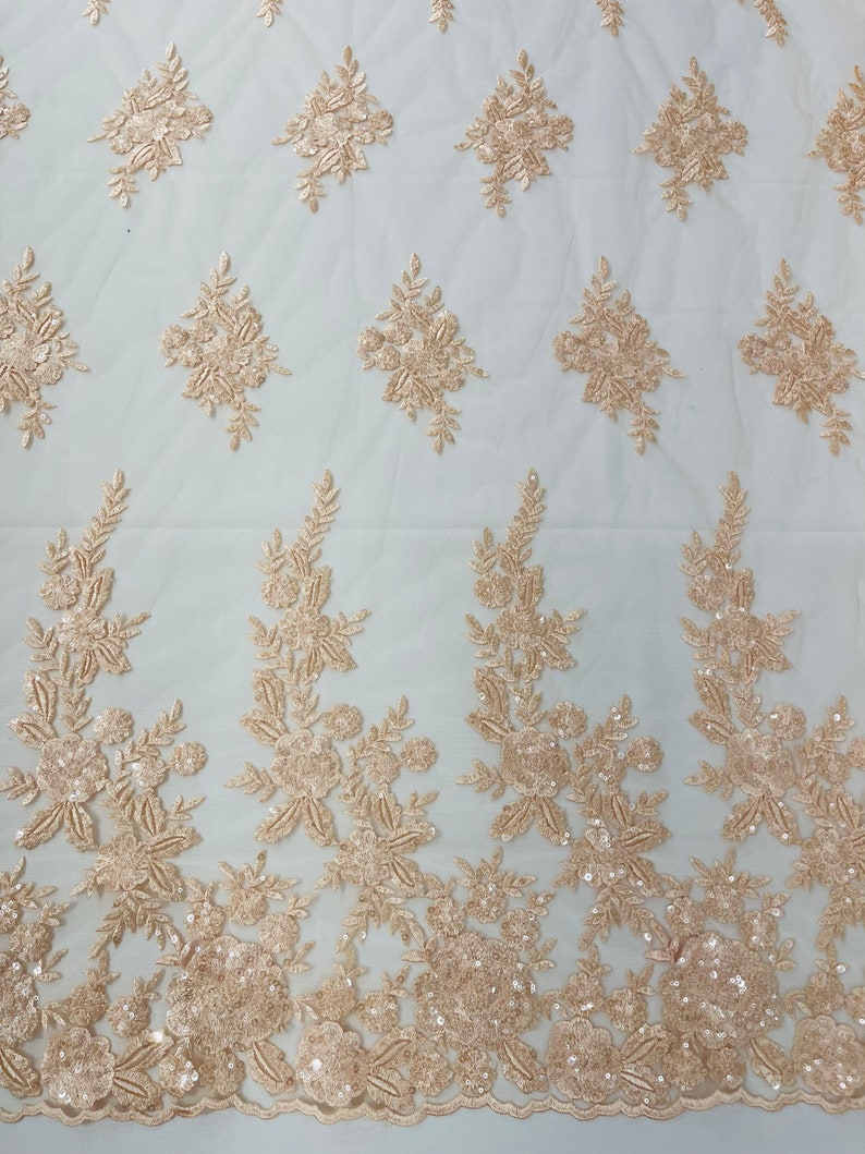 Blush Peach Floral design embroider and beaded on a mesh lace fabric-Wedding/Bridal/Prom/Nightgown fabric