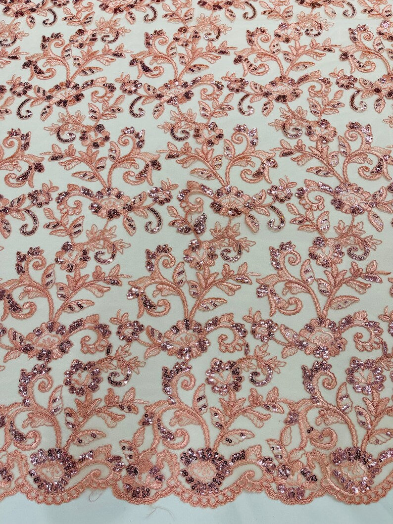 Peach Corded french design-embroider with sequins on a mesh lace fabric-prom-nightgown-decorations-sold by the yard