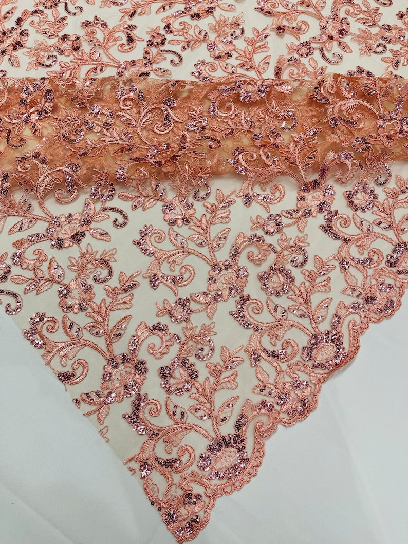 Peach Corded french design-embroider with sequins on a mesh lace fabric-prom-nightgown-decorations-sold by the yard