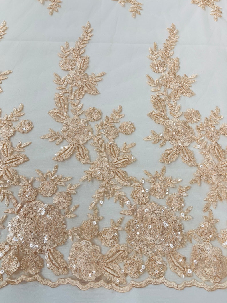 Blush Peach Floral design embroider and beaded on a mesh lace fabric-Wedding/Bridal/Prom/Nightgown fabric
