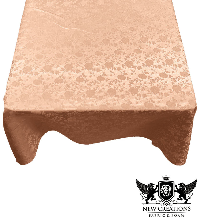 Peach Square Tablecloth Roses Jacquard Satin Overlay for Small Coffee Table Seamless. (58" Inches x 58" Inches)