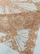 Luxury Bridal Fabric with Geometric Beading on a mesh, by The Yard.