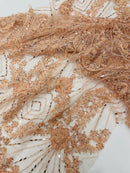 Luxury Bridal Fabric with Geometric Beading on a mesh, by The Yard.