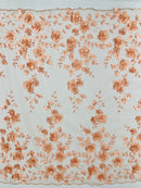 Double Scalp Orquidia 3d floral design embroider with pearl in a mesh lace fabric-sold by the yard
