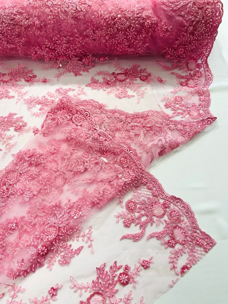 Candy Pink Gorgeous French design embroider and beaded on a mesh lace. Wedding/Bridal/Prom/Nightgown fabric