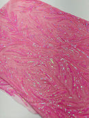Feather Wing Shiny Sequin Design on a 4 Way Stretch mesh Fabric-Prom-Sold by The Yard.