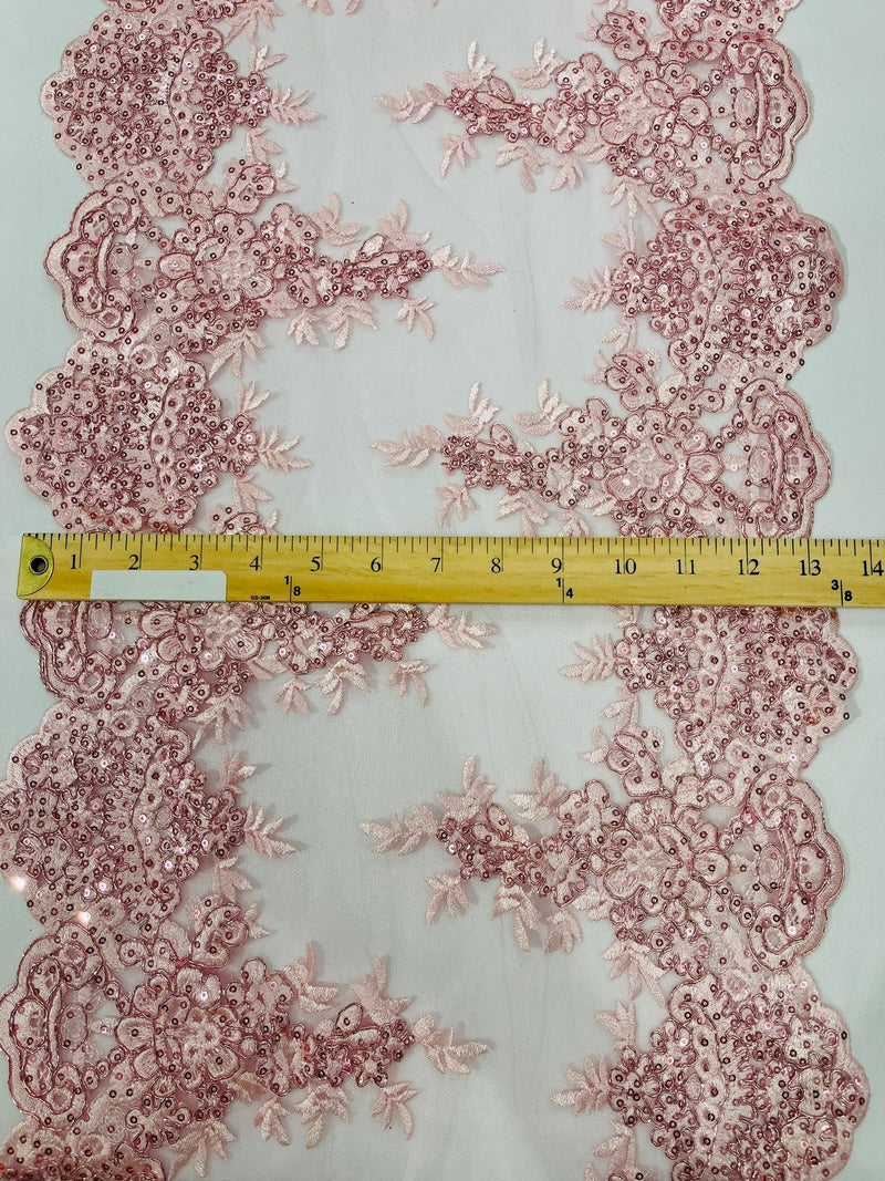 14"Wide Sequins Metallic Embroidered Lace on Mesh Fabric, Trim Lace, Table Runner. Sold By The Yard.