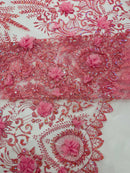 Floral 3D Palm Damask with Glitter in a Mesh Lace- Sold by the yard.