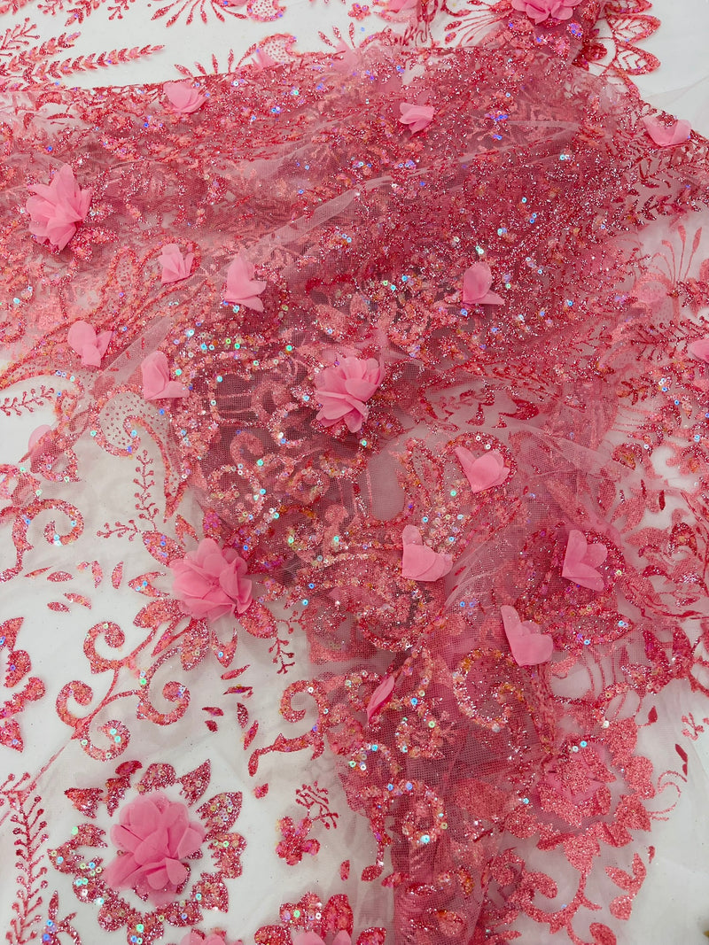 Floral 3D Palm Damask with Glitter in a Mesh Lace- Sold by the yard.