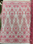 Floral 3D Palm Damask with Glitter in a Mesh Lace- Sold by the yard.