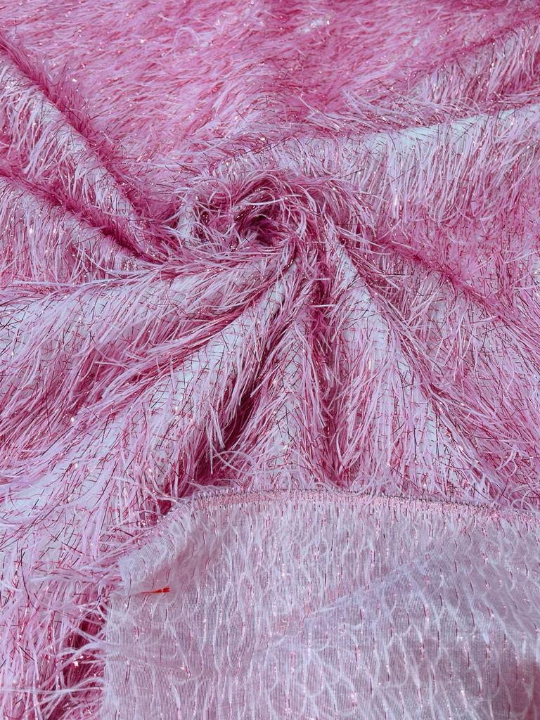 Pink Shaggy Jacquard Faux Ostrich/Eye Lash Feathers Fringe With Metallic Thread By The Yard