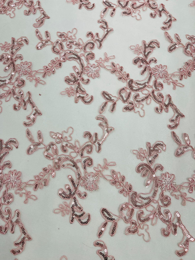 Pink Flower lace corded and embroider with sequins on a mesh-Sold by the yard.