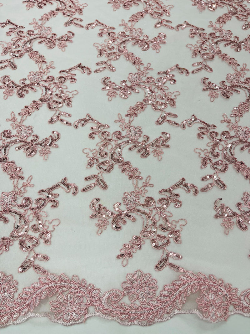 Pink Flower lace corded and embroider with sequins on a mesh-Sold by the yard.