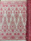 Floral 3D Palm Damask with Glitter in a Mesh Lace- Sold by the yard.