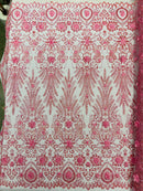 Floral 3D Palm Damask with Glitter in a Mesh Lace- Sold by the yard.