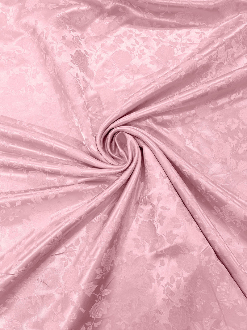 Pink New Colors 60" Wide Polyester Roses/Flowers Brocade Jacquard Satin Fabric/Cosplay Costumes, Skirts, Table Linen/Sold By The Yard.