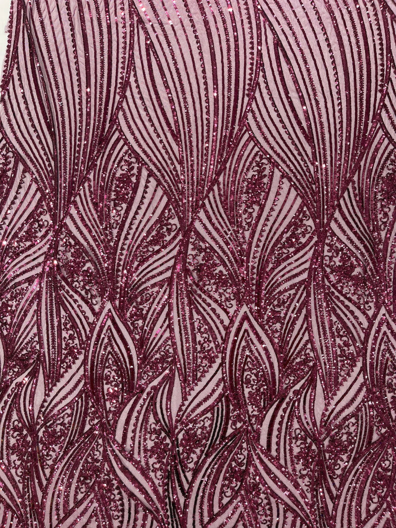 Geometric Feather wing shiny sequin design on a 4 way stretch mesh Fabric-old by the yard.