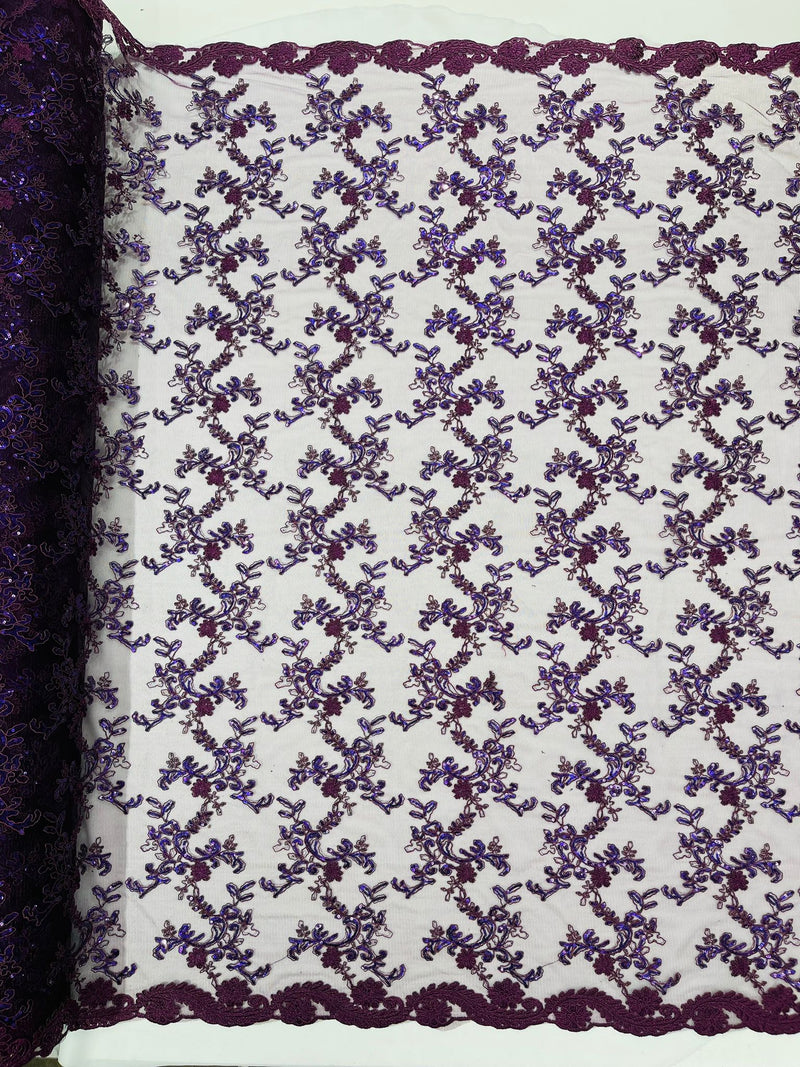 Plum Flower lace corded and embroider with sequins on a mesh-Sold by the yard.