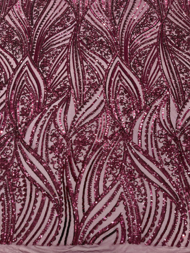 Geometric Feather wing shiny sequin design on a 4 way stretch mesh Fabric-old by the yard.