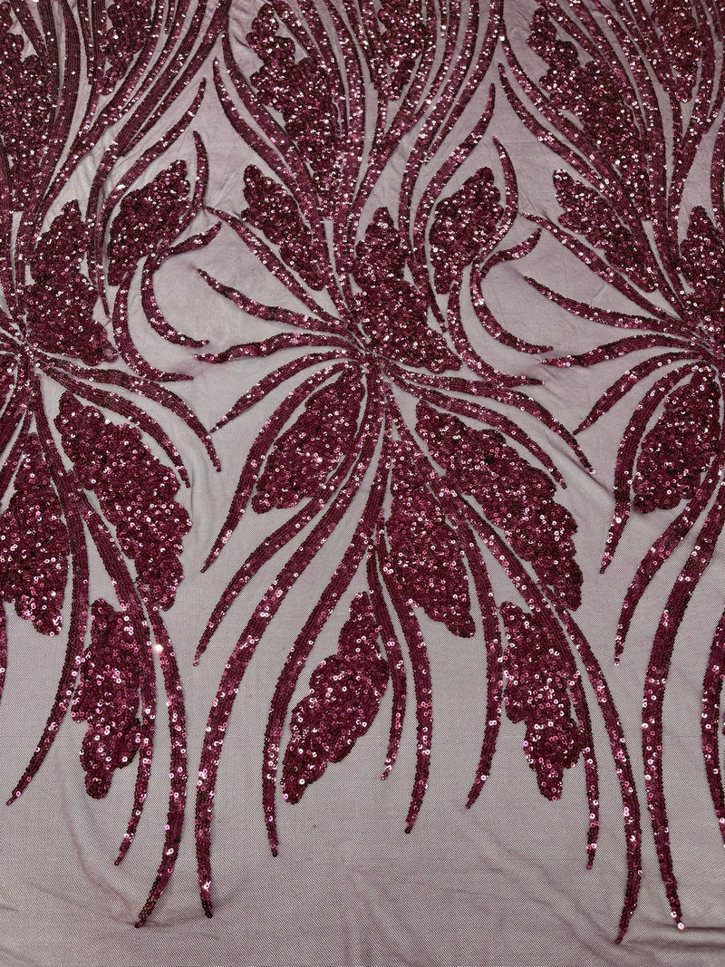 Feather damask shiny sequin design on a 4 way stretch mesh Fabric-sold by The yard.