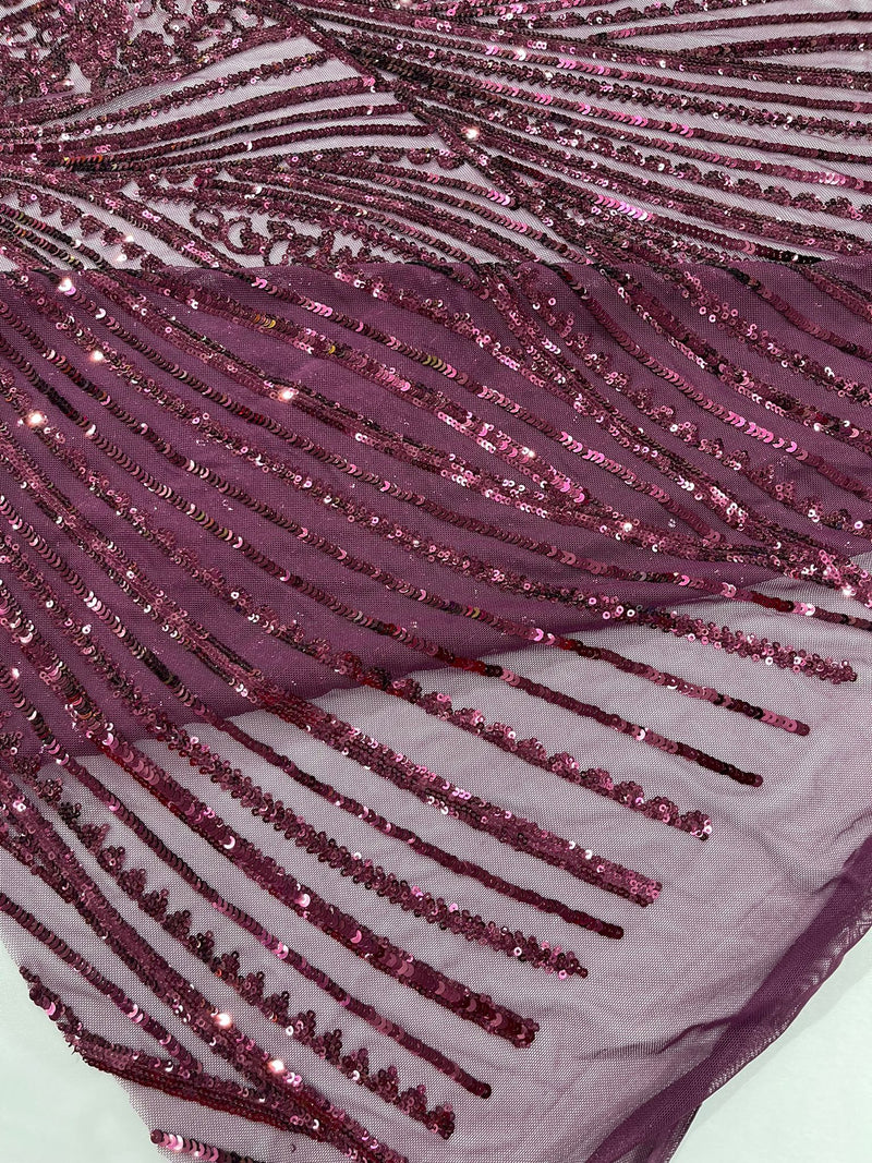 Geometric Feather wing shiny sequin design on a 4 way stretch mesh Fabric-old by the yard.