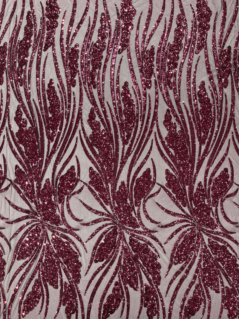 Feather damask shiny sequin design on a 4 way stretch mesh Fabric-sold by The yard.