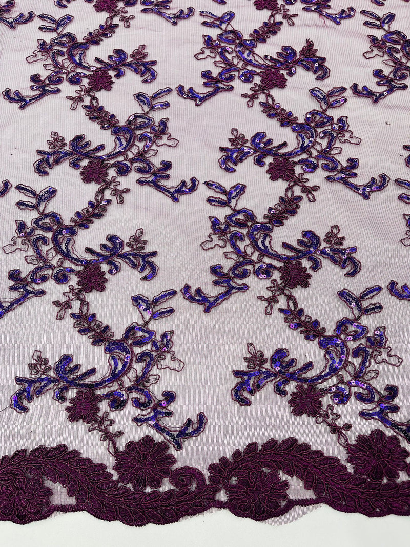 Plum Flower lace corded and embroider with sequins on a mesh-Sold by the yard.