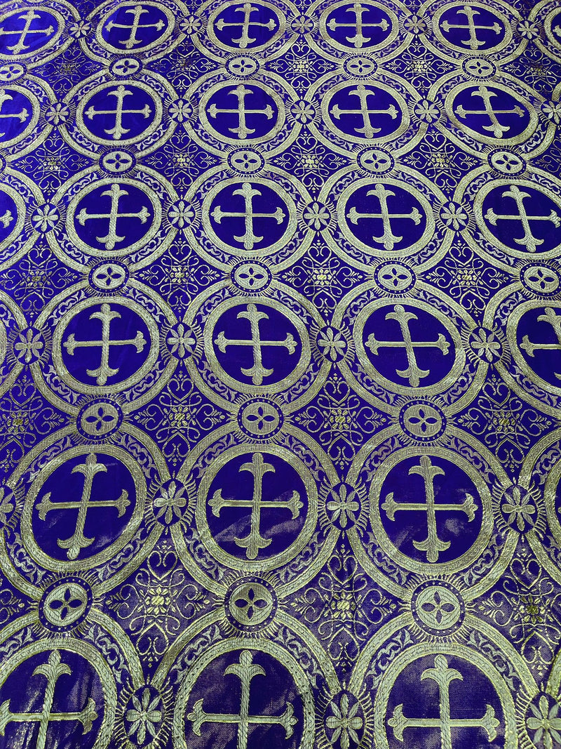 Purple/Gold - Rectangular Metallic Cross Brocade Jacquard Satin Tablecloth Overlay/Religious Brocade/Liturgical Fabric/Church.