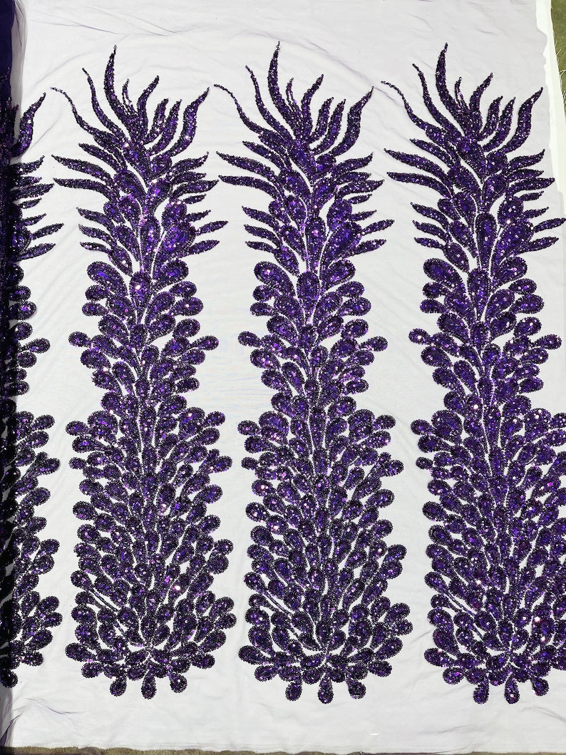 Purple Vegas heavy beaded and sequins feather design embroidery on a mesh fabric-Sold by the 1 Feather Panel W-12Inc x L-48Inc.