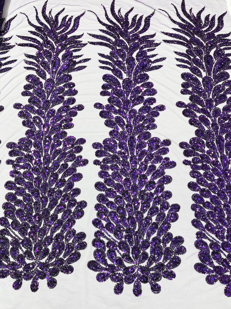 Purple Vegas heavy beaded and sequins feather design embroidery on a mesh fabric-Sold by the 1 Feather Panel W-12Inc x L-48Inc.