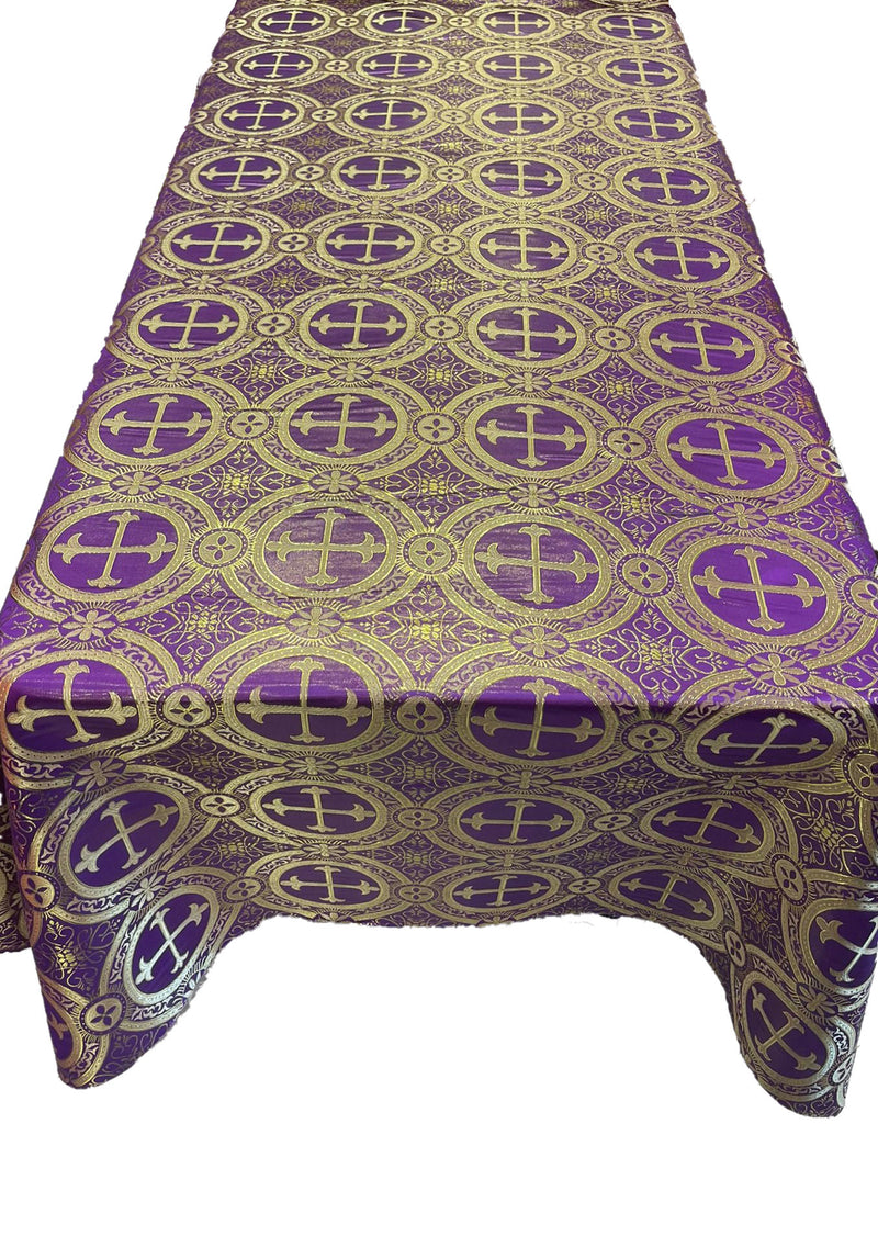 Purple/Gold - Rectangular Metallic Cross Brocade Jacquard Satin Tablecloth Overlay/Religious Brocade/Liturgical Fabric/Church.