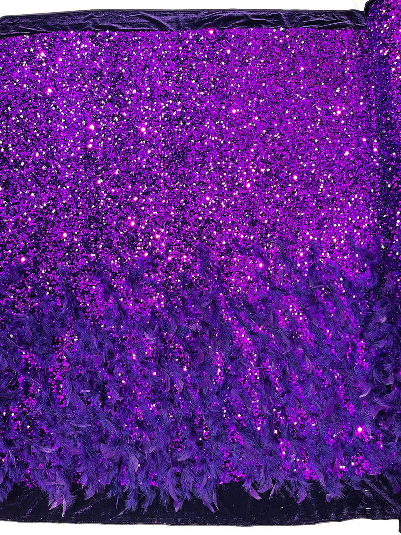 Purple 5mm sequins on a stretch velvet with feathers 2-way stretch, sold by the yard