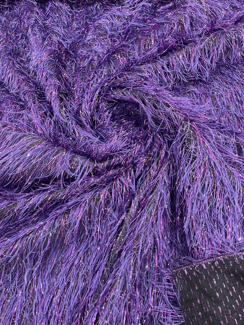 Purple Shaggy Jacquard Faux Ostrich/Eye Lash Feathers Fringe With Metallic Thread By The Yard