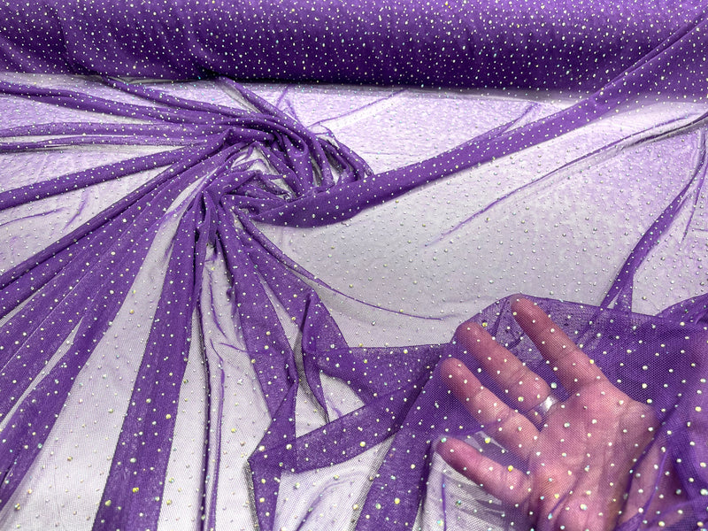 Purple Sheer All Over AB Rhinestones On Stretch Power Mesh Fabric, Dancewear- Sold By The Yard.