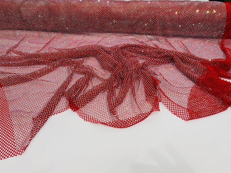 Red Fish Net Fabric Soft Stretch 45" Wide AB Iridescent Rhinestones-sold by The Yard.