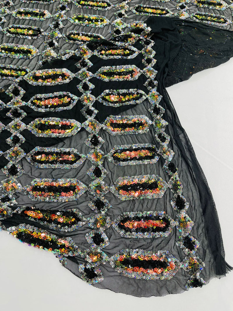 Rainbow/Silver multi color iridescent Jewel sequin design on a black 4 way stretch mesh fabric.