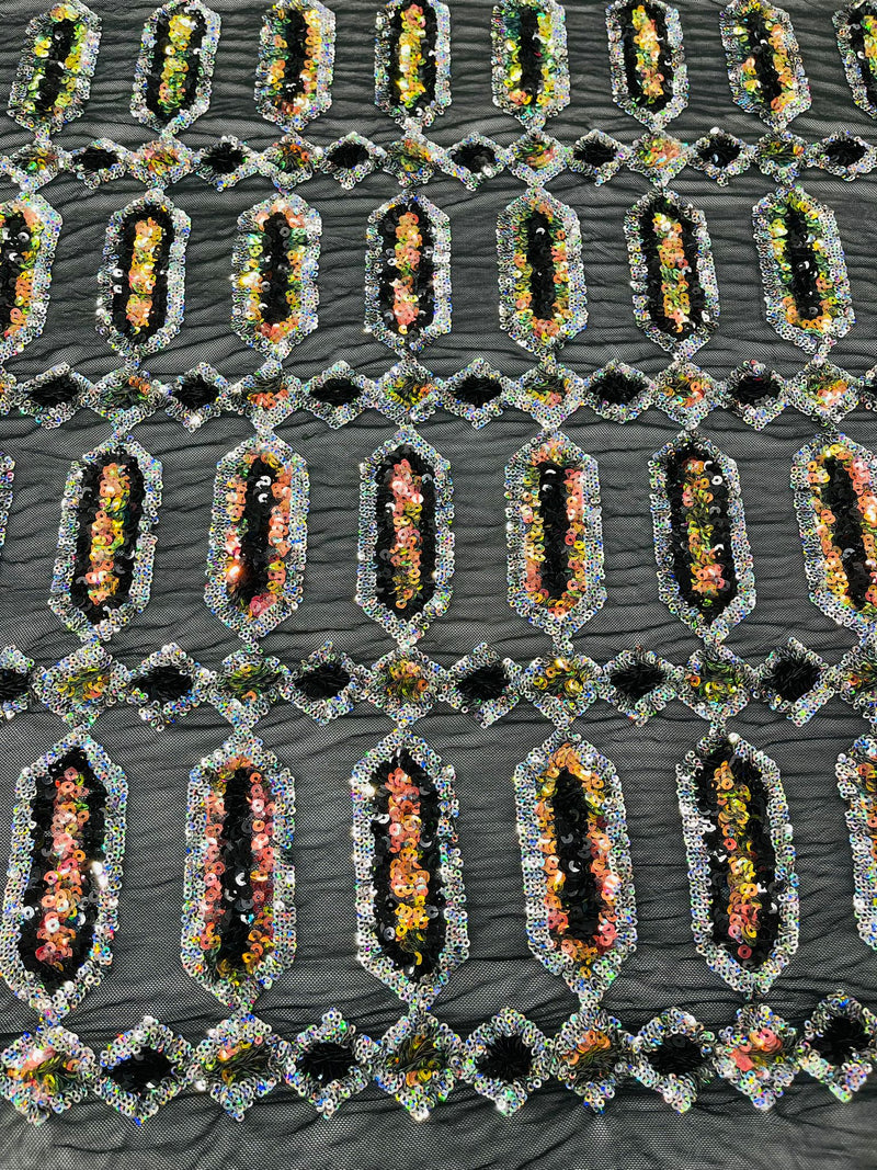 Rainbow/Silver multi color iridescent Jewel sequin design on a black 4 way stretch mesh fabric.