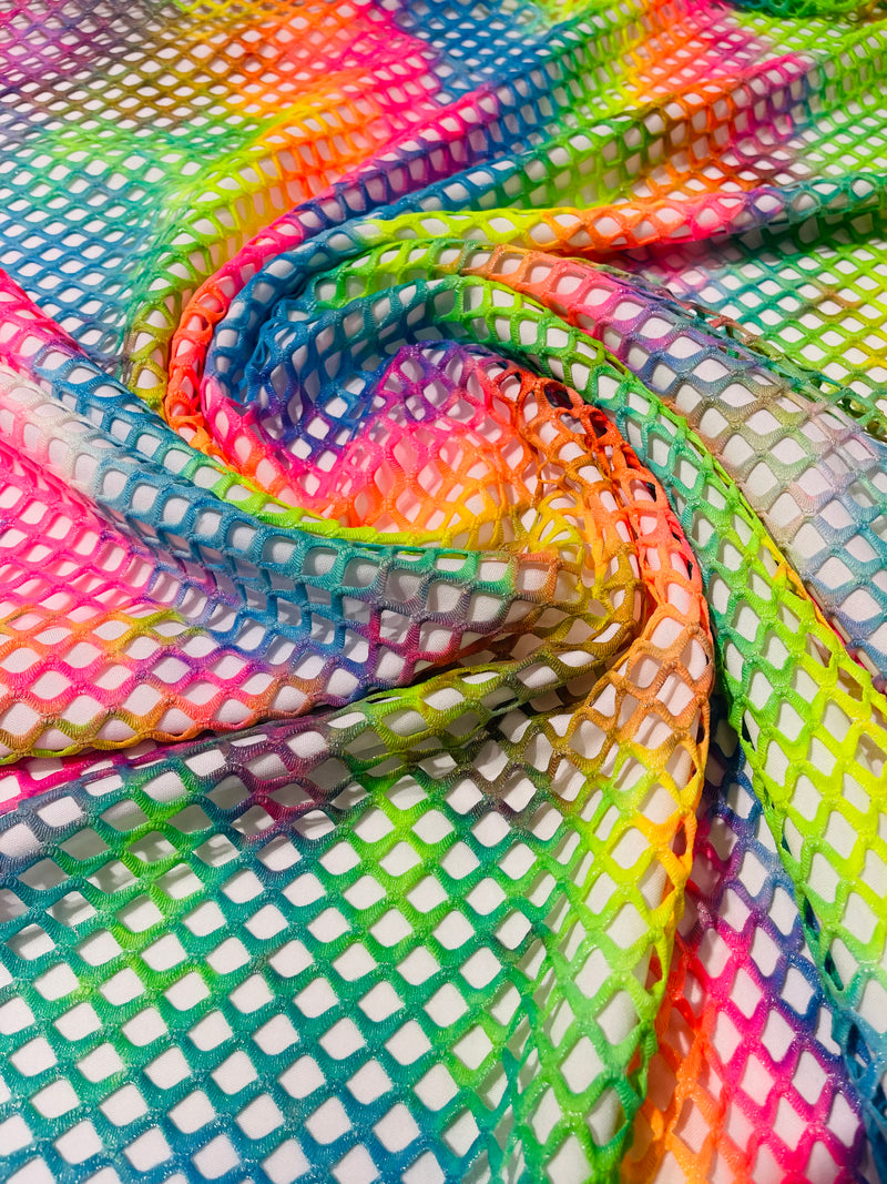 Rainbow Fishnet diamond mesh tie dye with silver glitter 4way stretch 58"Wide/ByTheYard.