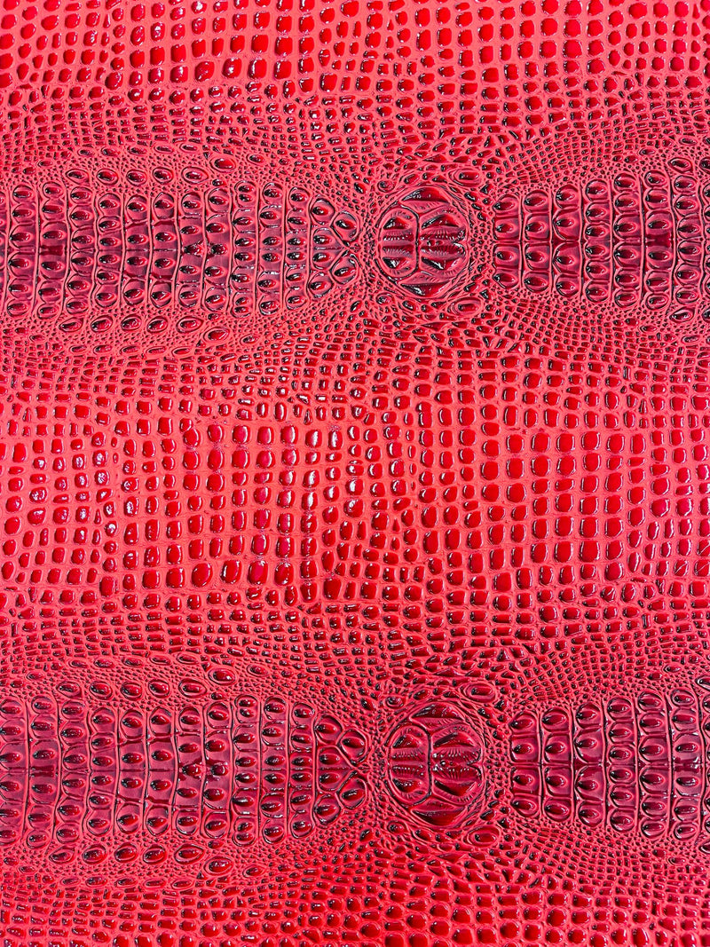 Red-Black Glossy Two Tone Gator Fake Leather Upholstery, 3-D Crocodile Skin Texture Faux Leather PVC Vinyl/54" Wides