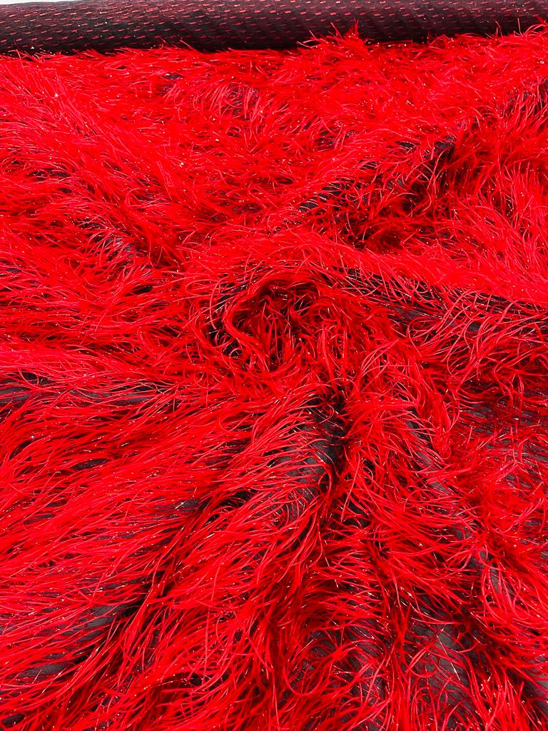 Red/Black Shaggy Jacquard Faux Ostrich/Eye Lash Feathers Fringe With Metallic Thread By The Yard