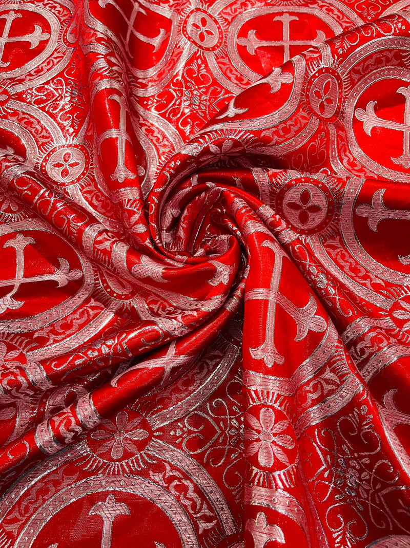 Red/Silver - Square Metallic Cross Brocade Jacquard Satin Table Overlay/Religious Brocade/Liturgical Fabric/Church.