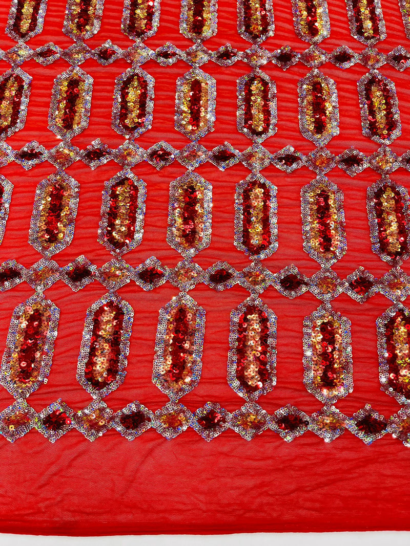 Red/Silver multi color iridescent Jewel sequin design on a Red 4 way stretch mesh fabric.