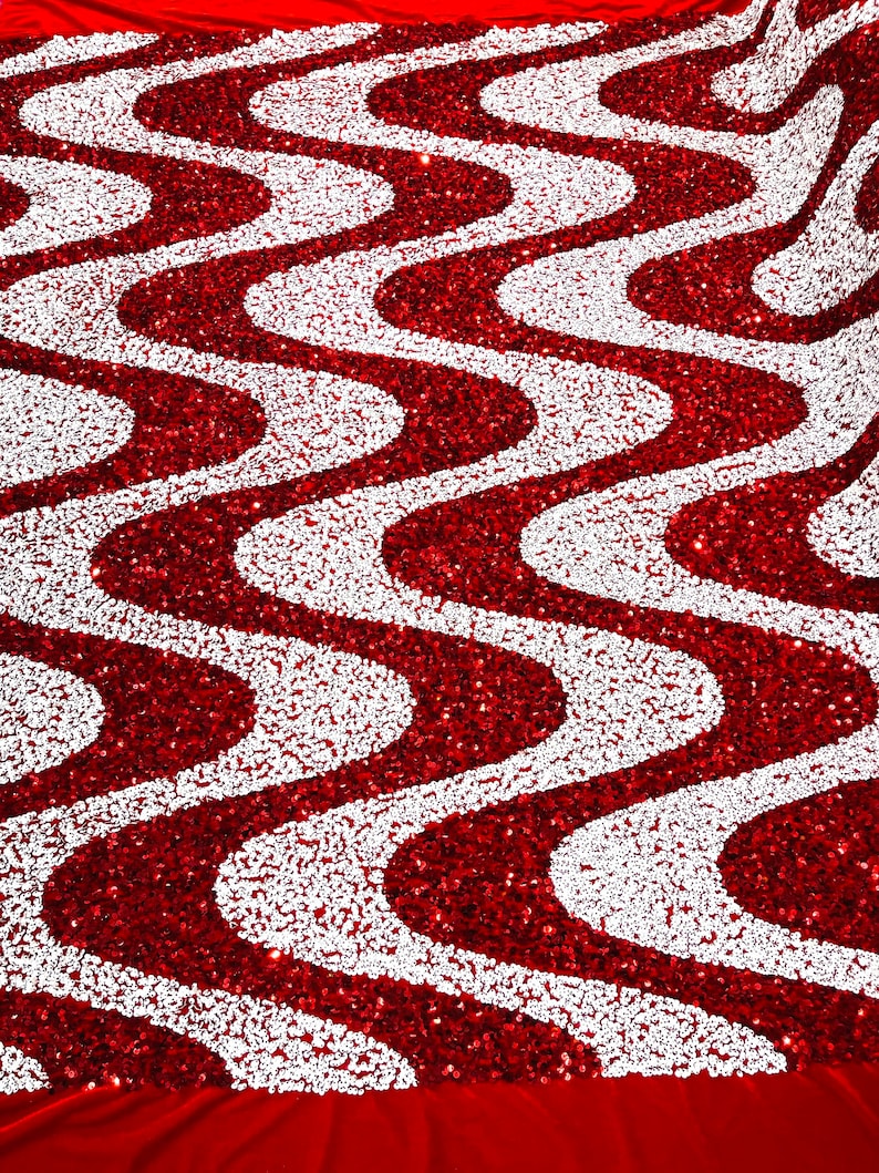 Red/White Sequin Wave Design stretch Velvet All Over Sequin.