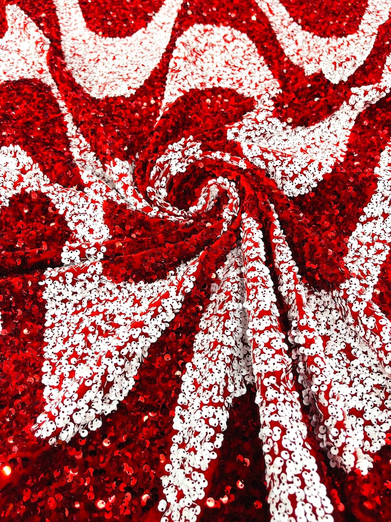 Red/White Sequin Wave Design stretch Velvet All Over Sequin.