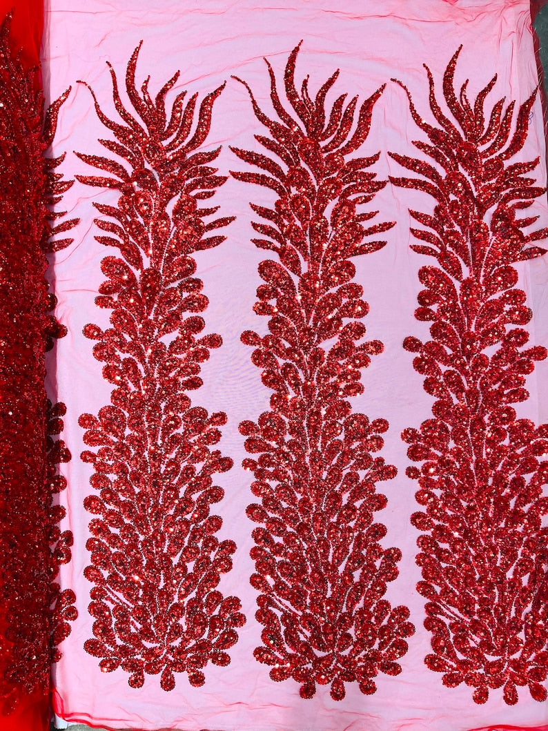 Red Vegas heavy beaded and sequins feather design embroidery on a mesh fabric-Sold by the 1 Feather Panel W-12Inc x L-48Inc.