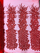 VEGAS BEADED FEATHER DESIGN ON MESH FABRIC (BY PANEL)