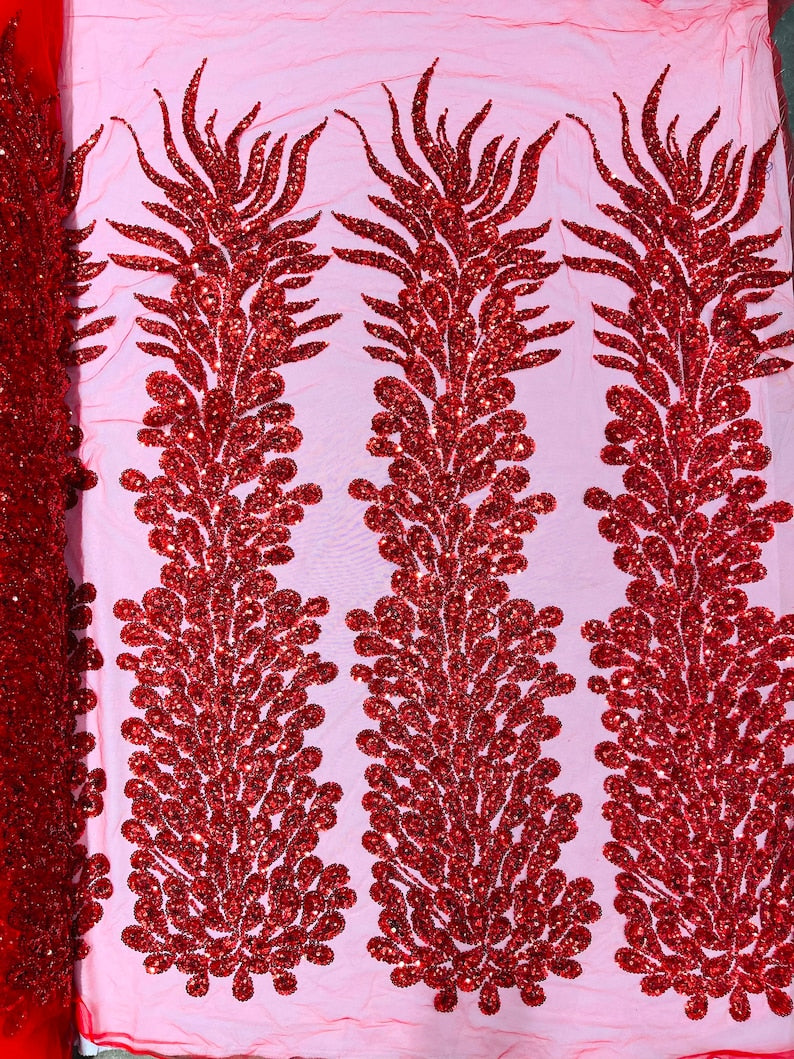 Vegas heavy beaded and sequins feather design embroidery on a mesh fabric-Sold by the 1 Feather Panel W-12Inc x L-48Inc.